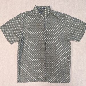 100% Silk Marc Edwards Men's Button Down Green & Tan Patterned Shirt Size Large